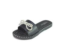 Air Foot Ladies Black Slippers Flat Slip-On Sliders for Summer Holiday Women's Diamante Bow Sandals UK Size 3-8
