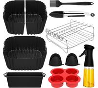Air Fryer Accessories 6L-9L, Reusable Silicone Air Fryer Liners for Tefal 7.5L, Russell Hobbs 8L 8.3L, COSORI 6L Including Grilling Rack, Oil Spray Bottle, Muffin Tray, Bread Pan