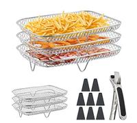 Air Fryer Accessories for Ninja Dual Basket, 3 Layers Stackable Stainless Steel Air Fryer Rack with Silicone Feet, Rectangular Air Fryer Basket for Ninja AF300UK, AF400UK, Salter, Instant, EMtronics