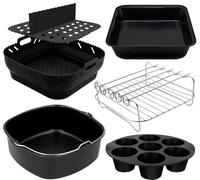 Air Fryer Accessories Set for Tefal Easy Fry Mega Air Fryer 7.5L, Russell Hobbs 8L 8.3L, COSORI 6L, Ninja 6,2L Including Square Silicone Liner, Grilling Rack, Pizza Tray