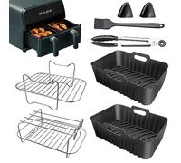 Air Fryer Accessories Set of 8 PCS with Reusable Silicone Air Fryer Liner, Dual Air Fryer Rack, Oil Brush, Skewer, Food Clip, Silicone Glove, Kitchen Tong for Ninja Dual AF300UK AF400UK - Black