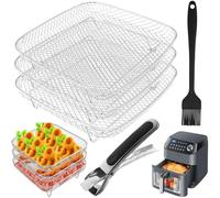 Air Fryer Accessories Stackable Rack Baskets Set of 3, Stainless Steel Square Baking Trays with Clip and Oil Brush for Instant Vortex, cosori Air Fryer, Ninja Foodi Grill, Multi-Layer Dehydrator Rack