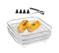 Air Fryer Grill Rack - 3X Stackable Stainless Steel Holder, Durable Cooking Stand | Kitchen Organizer Accessory | for Steamer Oven Use Includes Gripper Clip for Easy Cooking Prep Baking Roasting
