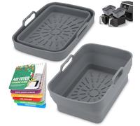 Air Fryer Liners Silicone for Ninja Dual AF400UK Airfryer Accessories, 2 Pcs Reusable 7.6-9.5L Air Fryers Inserts Trays Liner, Double Stack Foldable Basket with Magnetic Cookbook Recipe Book