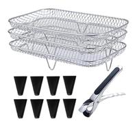 Air Fryer Rack Food Grade Stainless Steel 3 Layers Stackable Air Fryer Shelf with 8 Silicone Feet, 1 Tweezer and 1 Brush for Oven, Press Cooker, Barbecue, Roasting Oven Airfryer Accessories,style1
