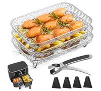 Air Fryer Rack for Ninja Dual Air Fryer 3 Layer Air Fryer Accessories Af300uk Stacking Bacon Racks Rectangular Stainless Steel Dehydrator Rack with 4 Feet 1 Clip for Double Basket Air Fryer Oven