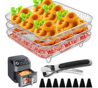 Air Fryer Rack for Ninja Dual Basket, 3 Layer Stainless Steel Square Stacking Bacon Racks with 8 Silicone Feet 1 Anti-Scald Clip, Air Fryer Accessories for Air Fryer Baking Cooking 20×20×4cm