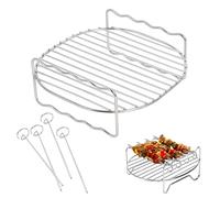 Air Fryer Rack, Stainless Steel Dual Airfryer Racks Compatible with Ninja 3.8L/Tefal 4.2L/Cosori 3.5L/Salter 4.5L/Tower 4L/Philips 4.1L Air Fryer Accessories, Grilling Rack with 4 Skewers