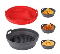 Air Fryer Silicone Liners, Reusable Collapsible Round Basket Airfryer Liner, 8.5 inch Foldable Heat Resistant Non Stick Baking Trays for 5QT -8QT Air Fryers, 2 Pack (Grey+Red)