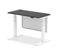 Air Modesty 1200 x 600mm Height Adjustable Office Desk Black Top Cable Ports White Leg With White Steel Modesty Panel