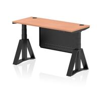 Air Modesty 1400 x 600mm Height Adjustable Office Desk Beech Top Cable Ports Black Leg With Black Steel Modesty Panel with Piste Foot