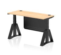 Air Modesty 1400 x 600mm Height Adjustable Office Desk Maple Top Cable Ports Black Leg With Black Steel Modesty Panel with Piste Foot