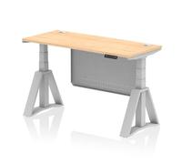 Air Modesty 1400 x 600mm Height Adjustable Office Desk Maple Top Cable Ports Silver Leg With Silver Steel Modesty Panel with Piste Foot
