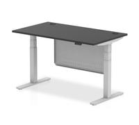 Air Modesty 1400 x 800mm Height Adjustable Office Desk Black Top Cable Ports Silver Leg With Silver Steel Modesty Panel