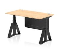 Air Modesty 1400 x 800mm Height Adjustable Office Desk Maple Top Cable Ports Black Leg With Black Steel Modesty Panel with Piste Foot