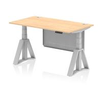 Air Modesty 1400 x 800mm Height Adjustable Office Desk Maple Top Cable Ports Silver Leg With Silver Steel Modesty Panel with Piste Foot