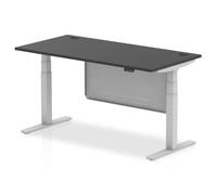 Air Modesty 1600 x 800mm Height Adjustable Office Desk Black Top Cable Ports Silver Leg With Silver Steel Modesty Panel