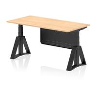 Air Modesty 1600 x 800mm Height Adjustable Office Desk Maple Top Black Leg With Black Steel Modesty Panel with Piste Foot