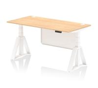 Air Modesty 1600 x 800mm Height Adjustable Office Desk Maple Top Cable Ports White Leg With White Steel Modesty Panel with Piste Foot