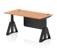 Air Modesty 1600 x 800mm Height Adjustable Office Desk Oak Top Cable Ports Black Leg With Black Steel Modesty Panel with Piste Foot