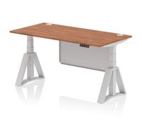 Air Modesty 1600 x 800mm Height Adjustable Office Desk Walnut Top Cable Ports Silver Leg With Silver Steel Modesty Panel with Piste Foot
