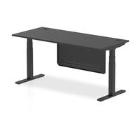 Air Modesty 1800 x 800mm Height Adjustable Office Desk Black Top Cable Ports Black Leg With Black Steel Modesty Panel