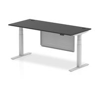 Air Modesty 1800 x 800mm Height Adjustable Office Desk Black Top Cable Ports Silver Leg With Silver Steel Modesty Panel