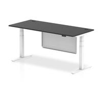 Air Modesty 1800 x 800mm Height Adjustable Office Desk Black Top Cable Ports White Leg With White Steel Modesty Panel