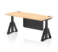 Air Modesty 1800 x 800mm Height Adjustable Office Desk Maple Top Cable Ports Black Leg With Black Steel Modesty Panel with Piste Foot