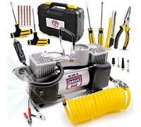 Air Pump and Tire Repair Kit - 12V DC 150 PSI Portable Air Compressor & Car Emergency Kit with PSI Gauge, Adaptors, Hose, Car Plug, Clip Connectors, Tire Inflator & Tire Patch Kit by WE Love to Drive