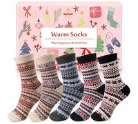 Airabc Thermal Winter Women Socks 5 Pairs Wool Warm Knitting Ladies Socks Vintage Style Soft Cotton Thick Woman Bed Sock Multicoloured for Home Office School Hiking, Ideal Christmas Gifts for Women