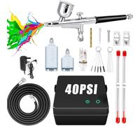 Airbrush Compressor Kit, 40PSI Dual Action Non-Clogging High-Pressure Air Brush Set with 0.2/0.3/0.5mm Nozzle for Nail Art, Model, Tattoo, Makeup, Cake, Include Cleaning Brushes Set