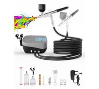 Airbrush Kit with Air Compressor, Dual Air Brush Gun 50 PSI High Pressure Air Brush with 0.2/0.3/0.5mm Nozzles & Cleaning Sets, for Painting, Nails, Modeling, Cake Decor, Makeup