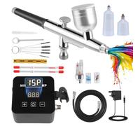 Airbrush Kit with Compressor, Dual-Action Multi-Function Airbrush Set with 102cm Hose,0.2/0.3/0.5mm Nozzles,Precise Digital 15-25PSI Adjustment,Applied for Model,Tattoo,Art Craft,Cake,Nail Art