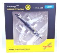 Herpa Aircraft model Eurowings Airbus A320 "BVB Mannschaftsairbus" (2025), miniature scale 1:500, collectible, aircraft model without stand, metal