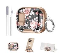 Aircawin Secure Lock for Airpods Pro 3 Case,Cute Black Rose Floral for Airpods Pro 3rd Generation Case Cover with Phone Stand,Auto Pop-up,Hybrid Protection with Carabiner&Cleaning Pen Women-Golden