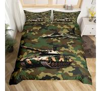 Aircraft Duvet Cover Set Double Size, Army Camo Tank Airplane Comforter Cover with 2 Pillowcases, Green Camouflage Bedding Set 3pcs for Kids Boys Teens Bedroom Decor Lightweight Bedspread Cover