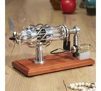 Aircraft Engine Model - 16-Cylinder, Swash Plate Hot-Air Engine with 4-Bladed Propeller and Rotating Fan, Solid Wood Base for Science Experiments