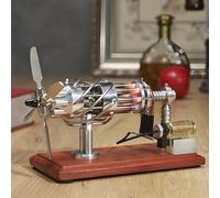 Aircraft Engine Model, Swash Plate Hot-air Engine with 4-bladed Propeller, Heated Cylinder and Solid Wood Base, Rotating Fan for Science Experiments