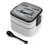 Aircraft Fighter Jets Bento Box Adult Stackable 2 Layers Containers Reusable Leakproof Lunch Containers for Adults Travel 33oz Lunchbox with Spoon Portable Bento Boxes, Microwave Dishwasher Safe