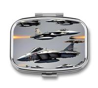 Aircraft Fighter Jets Pill Box 2 Compartment, Portable Pill Case with Mirror for Pocket Purse Travel, Mini Metal Medicine Organizer for Vitamins Fish Oil