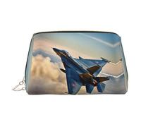 Aircraft Fighter Jets Print Leather Cosmetic Pouch, Leather Makeup Bag for Purse with Top Zip Closure Stylish Toiletry Bag