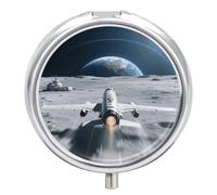 Aircraft on The Lunar Surface Pill Box Travel Pill Organizer 3-Compartment with Mirror Design Portable Round Medicine Case for Vitamins, Jewelry & Essentials Durable Pocket Pillcase for Purse, Camping