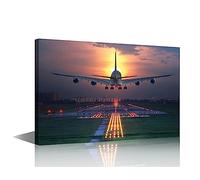 Aircraft Paintings Airplane Takes Off from The Runway Pictures 1 Panel Canvas Wall Art for Living Room Night Scape Artwork Contemporary Home Decor Framed Ready to Hang Posters and Prints(12"Wx18"H)
