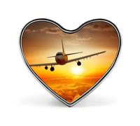 Aircraft Plane at Sunset Badges Heart with Button Design, Personalized Picture Pin Brooches, Heart Badge Holders for Decorate Hat Shirt Clothing Bag Accessories