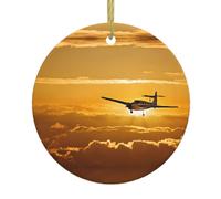 Aircraft Plane At Sunset Christmas Ceramic Circular Pendant Is An Excellent Addition To Your Holiday Decoration
