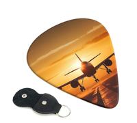 Aircraft Plane at Sunset Guitar Picks 6 Pcs, 0.71mm Thickness Celluloid Plectrum with Leather Picks Holder, Personalized Guitar Pick for Bass Electric Acoustic Guitars Lovers Gift
