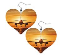Aircraft Plane at Sunset Leather Earrings for Women Heart Earrings Lightweight Dangle Drop Earrings Cute Jewelry Gift, One Size, No Gemstone