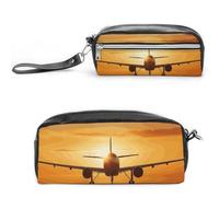 Aircraft Plane at Sunset Pencil Case Large Capacity Leather Pencil Pouch with Zipper, Portable Small Makeup Bag, Office Supplies Organizer for Women Men
