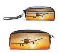 Aircraft Plane at Sunset Pencil Case Large Capacity Leather Pencil Pouch with Zipper, Portable Small Makeup Bag, Office Supplies Organizer for Women Men